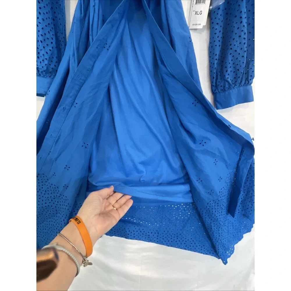 NWT Julia Jordan Women's Sz XL Long-Sleeve Layered Cotton Eyelet Midi Dress Blue